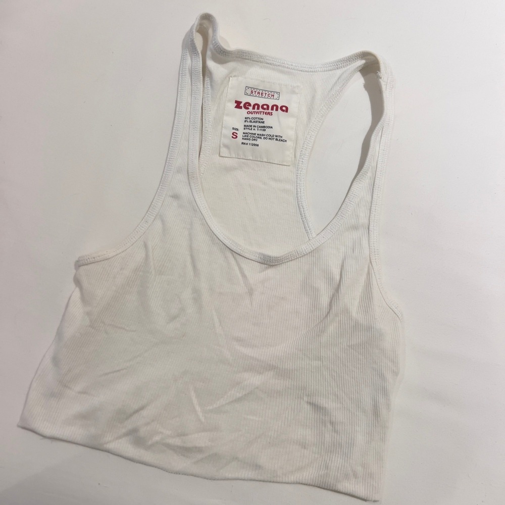 Zenana Outfitters White Ribbed Racerback Cropped Tank Top Small
